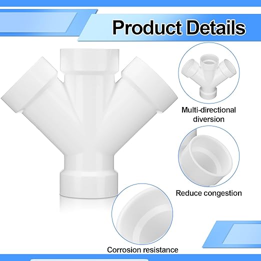 2 Pcs 1 1/2 Inch Hub PVC DWV Double Wye Schedule 40 for Use in Sanitary Drainage, Waste and Ventilation (DWV), Sewer and Stormwater Applications, White
