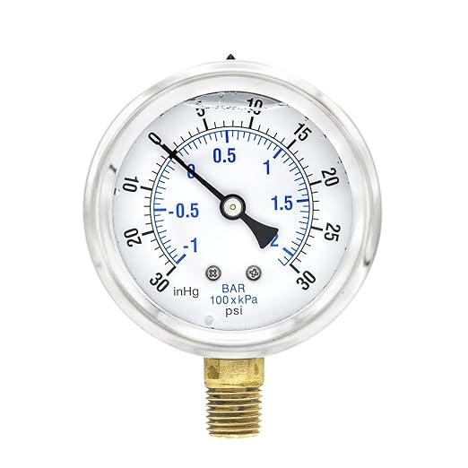 PIC Gauges PRO-201L-254CC Bottom Mount Glycerin Filled Dual Scale Pressure Gauge w/ SS Case/Bezel, Brass Internals, Plastic Lens, 2.5" Dial, 30-0-30 psi Range, 1/4" Male NPT
