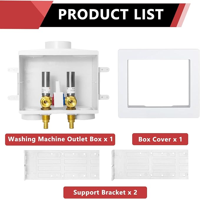 EFIELD Double Drain Washing Machine Outlet Box, 1/2-inch Pex-A Expansion Inlet, Single Control Valve, Stainless Steel Water Hammer Arrestor,(WM019)
