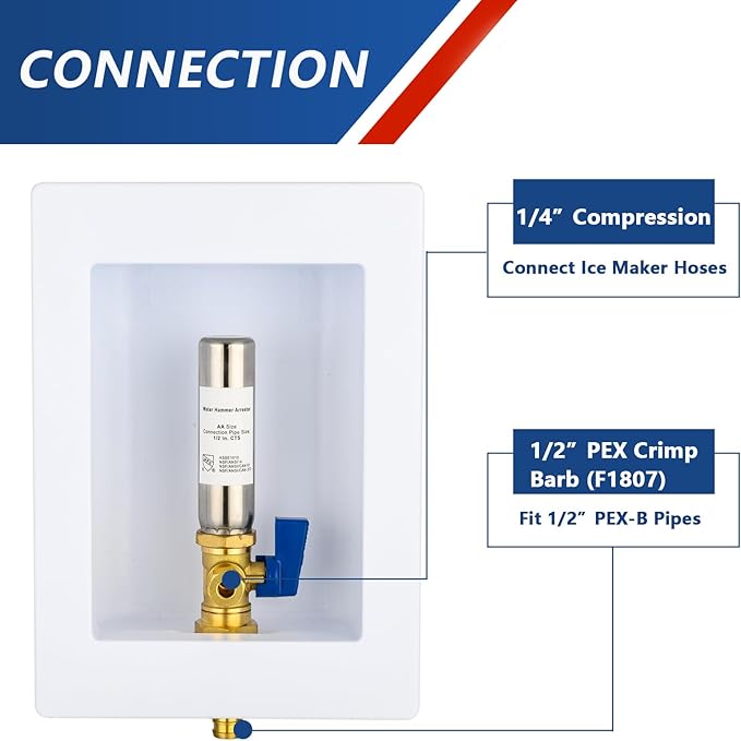 Ice Maker Outlet Box with Stainless Steel Water Hammer Arrestor,1/2 Inch Crimp PEX F1807 Inlet and 1/4 Inch OD Compression Outlet Connection, Icemaker Box with Installed 1/4-Turn Ball Valve