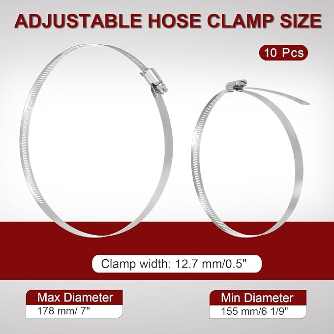 MECCANIXITY 7 Inch Stainless Steel Hose Clamp, Worm Gear Clamp Adjustable 6 1/9"-7"(155-178mm) Fuel Line Hose Clamps Duct Clamp for Pipe Plumbing Automotive Mechanical (Pack of 10)