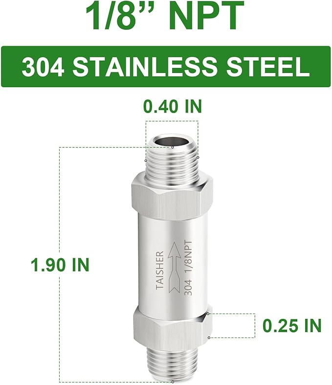 TAISHER 1PCS 304 Stainless Steel 1/8" NPT Male Check Valve,Backflow Prevention,One Way Non-Return Check Valves