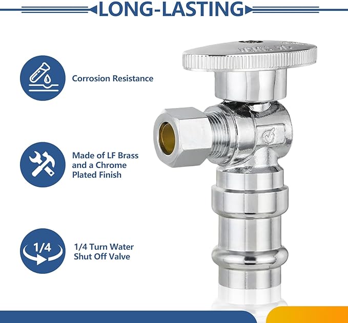 100-Pack GUOFIS Angle Stop Valve,1/2" Nominal Press Inlet x 3/8" OD Compression Outlet,1/4-Turn Shut-off Valve for Potable Water(Chrome Plated)(VALVE393-100Pack)