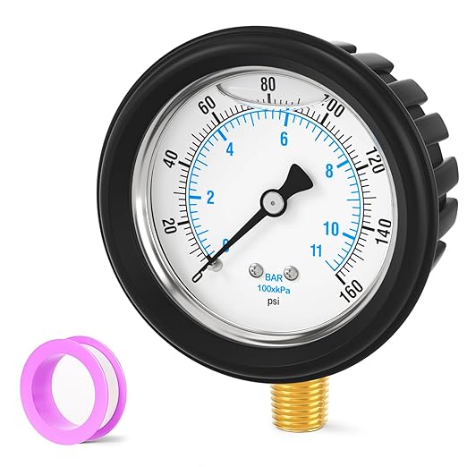 0-160PSI Stainless Steel Liquid Filled Pressure Gauge, 2.5" Dial Size, 1/4" NPT Lower Mount, with Rubber Protective Sleeve, for Tube, Water Pump, Gas, Liquid, Pressure Test