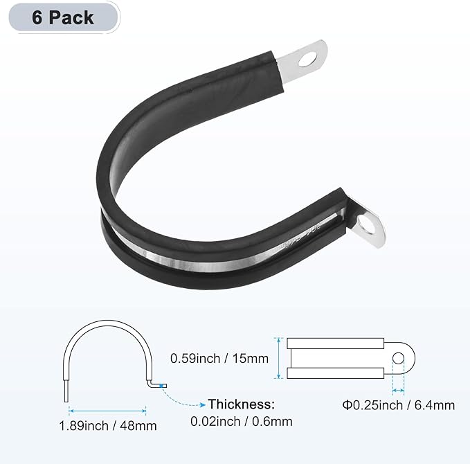 6-Pack Cable Clamps, 1-7/8 inch/ 48 mm 304 Stainless Steel Rubber Cushioned Insulated Cable Clamp R Shape Metal Holder for Tube/Wire/Pipe/Loop Installation