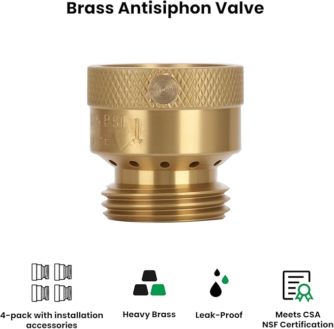 Watflow 3/4" GHT Hose Bib Backflow Set, Solid Brass Anti-Siphon Vacuum Breaker, Brass Outdoor Faucet Anti-Backflow Valve, 3/4" F x 3/4" M(4 Pack)