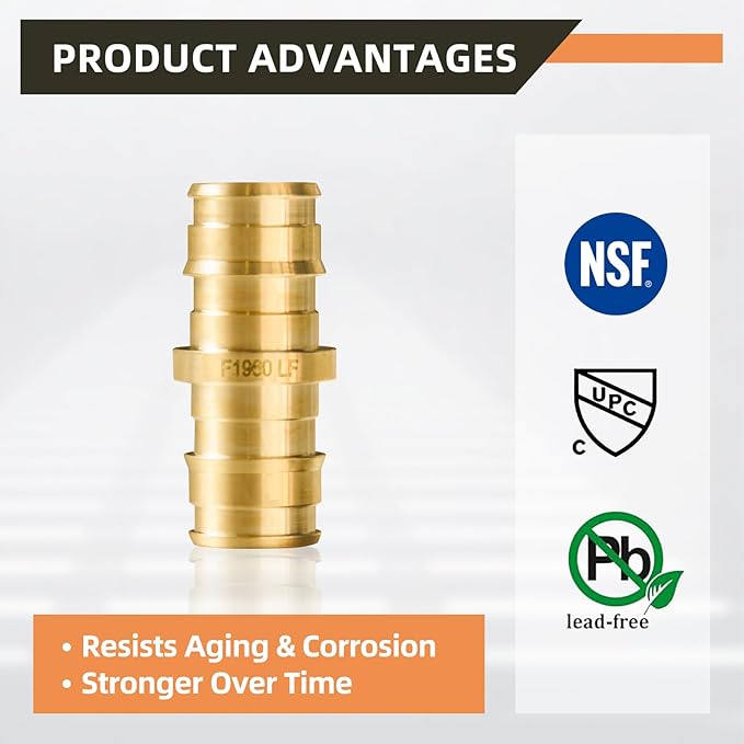 10-Pack YVSKM 1/2" PEX-A Straight Coupling Expansion Fitting, Lead-Free Brass Full Flow Connector, ASTM F1960 & cUPC Certified for Residential Hot & Cold Water and Radiant Heating Systems