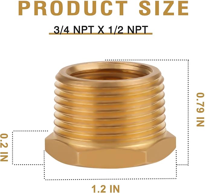 Brass Reducer Hex Bushing, NPT 3/4 Male x NPT 1/2 Female Threaded Fitting Adapter, Water Line Threaded Reducing Pipe Fitting, 2PCS