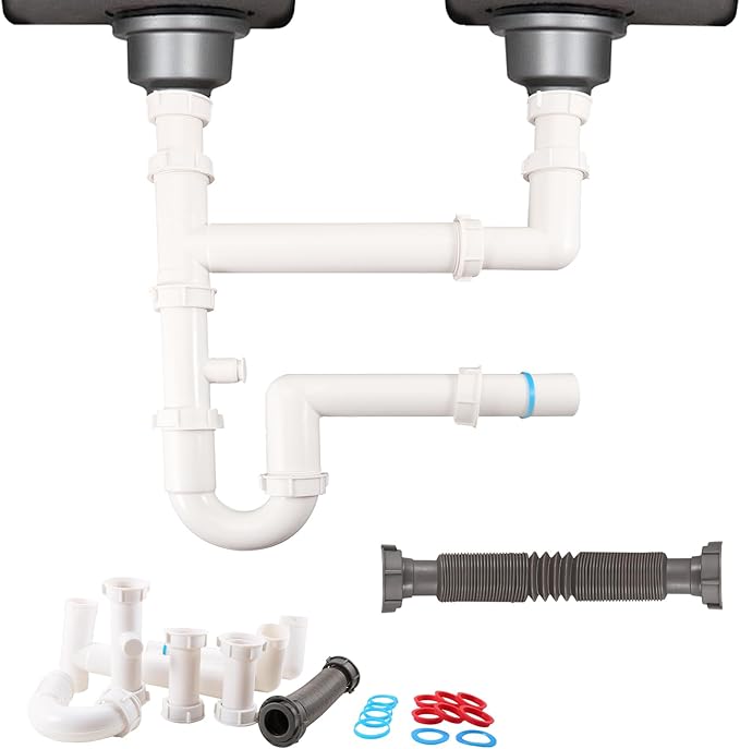 Universal 1-1/2" Kitchen Sink Drain Kit, Space-Saving kitchen drain P-trap With retractable flexible Pipe Completed Sink Pipe Replacement Kit (DIY Installation)