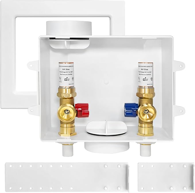 1-Pack HeSun Washing Machine Outlet Box, 1/2 Inch CPVC Inlet x 3/4 Inch MHT Outlet, Pex Washer Box Center Drain,with Copper Water Hammer Arrestor(WM014)
