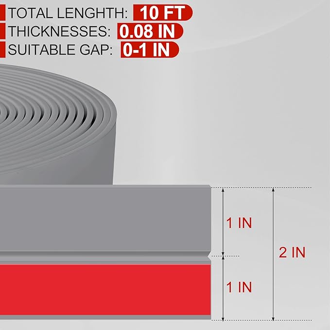 MYFAMIREA Door Weather Stripping 2IN (W) x 10FT (L) Door Draft Stopper Seal Tape Silicone Seal Strip Self Adhesive Shower Sweep Insulation Tape Side Bottom Strip for Sliding Glass Window Gap, Gray