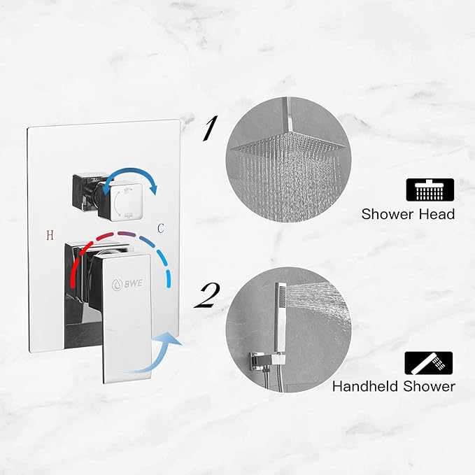 BWE 16 Inch Ceiling Mounted Shower System Chrome Rainfall Shower Head with Handheld Spray Modern Bathroom Luxury Rain Mixer Shower Combo Set Shower Faucet Rough-in Valve Body and Trim Included
