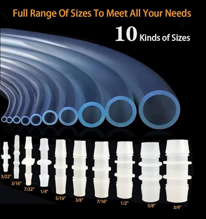 30Pcs Plastic Hose Barb Fittings Assortment, 10 Sizes of Equal Barbed Hose Pipe Fitting Connector Adapter Union Splicer Joint for Air Gas Water Liquid Fuel Line Catheter Tube Pump Adapters