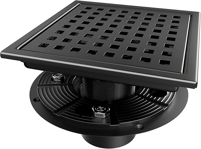 Square Shower Drain, Black Shower Drain 6 inch with Flange and Removeable Grate Cover, AISI 304 Stainless Steel Matte Black Shower Floor Drain with Hair Catcher and Flange