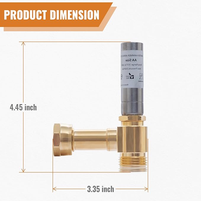 SUNGATOR 3/4 Inch Stainless Steel Water Hammer Arrestor, 3/4" GHT Male x 3/4" GHT Female Angle Hammer Arrestor for Washing Machine, Absorb Shock and Reduce Noise, with Sealing Tape (1 Pack)