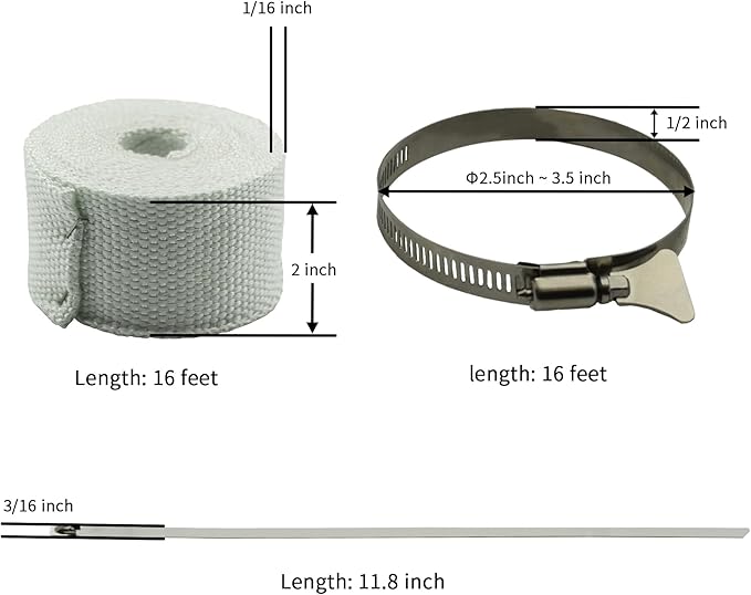 DOBTIM Fireproof Pipe Wrap Insulation 2" Wide X 16' Long, Fiberglass Heat Shield Tape Pipe Webbing for Stove Flue Protector with 2 Clamps, White