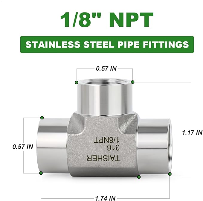 TAISHER 1PCS Forging of 316L Stainless Steel Tee Pipe Fittings, 1/8" x 1/8" x 1/8" NPT Female Pipe Fittings