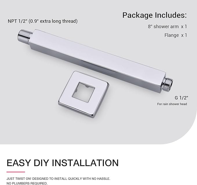 TRUSTMI Square Shower Arm with Flange 8 Inch Top Ceiling Mounted Rainfall Shower Head Extension Heavy Duty Stainless Steel, Polished Chrome
