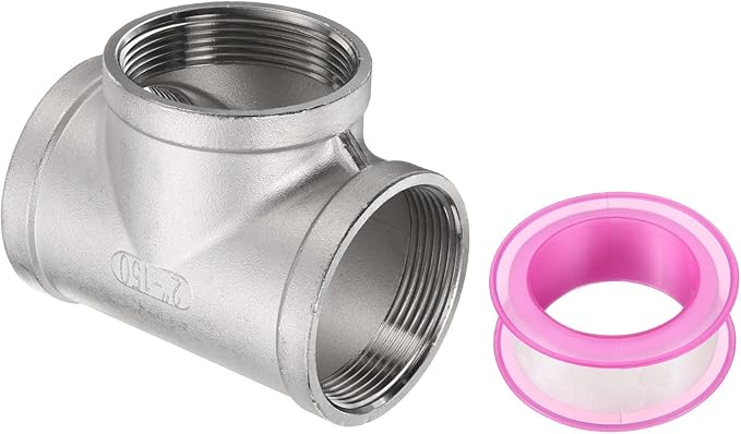 uxcell 304 Stainless Steel Tee Pipe Fittings G2" Female Tee Adapter 3 Way t Shaped Cast Pipe Fitting Connector with Seal Tape for Plumbing Drainage Pipes Heating Systems