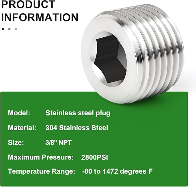 TAISHER 20PCS 304 Stainless Steel Internal Hex Thread Socket Pipe Plug Fitting 3/8" NPT Male