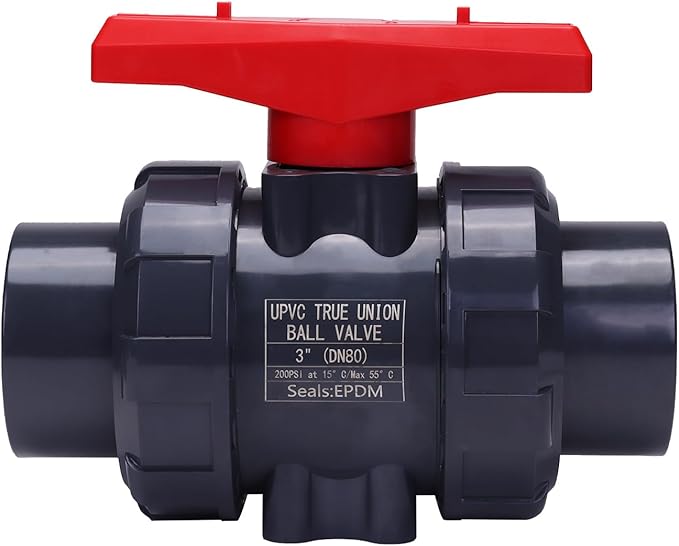 DERNORD PVC True Union Ball Valve NPT Threaded with Full Port, EPDM O-Rings, and Reversible PTFE Seats, Rated at 200 PSI (3 Inch NPT Threaded)