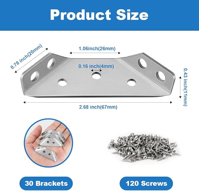 30 Pack Stainless Steel Corner Braces Heavy Duty L Brackets for Wood,Universal Furniture Corner Connectors for Shelves,Tables, Cabinets, Drawer, Chair,Metal Angle Corner Brackets with Screws