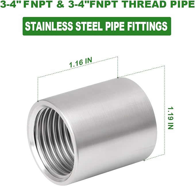 TAISHER 2PCS 304 Stainless Steel Cast Pipe Fitting, Coupling, 3/4" x 3/4" NPT Female Threaded