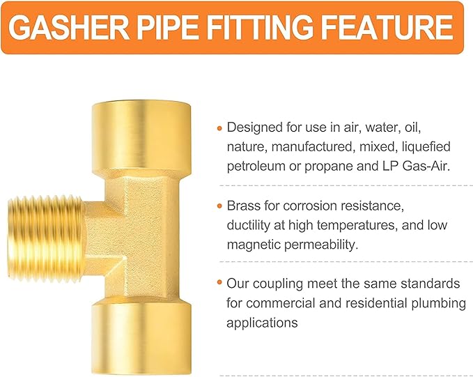 GASHER 5PCS Metals Brass Pipe Fitting Barstock Male Branch Tee T Adapter 1/4" Female x 1/4" NPT Female x 1/4" NPT Male
