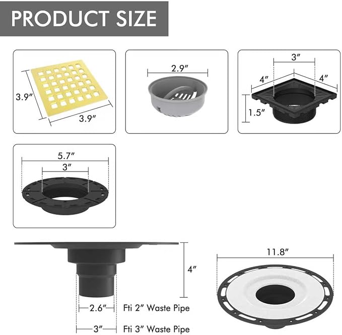 Shower Drain Kit with Stainless Steel Grate, Floor Drain System with Hair Strainer, Easy Installation for Tiled Showers and Bathrooms, ST-KIT-G