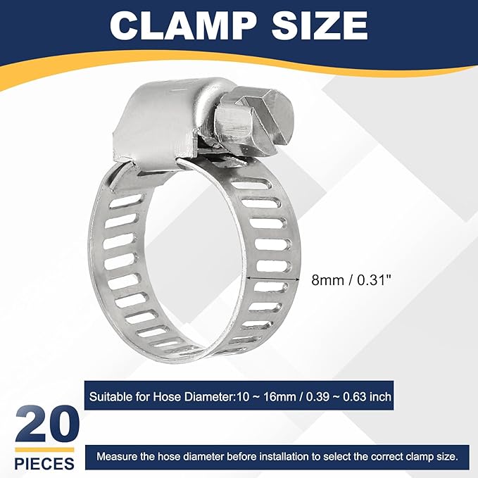 PATIKIL 20 Pcs Adjustable Hose Clamps,5/16"-5/8" (10mm-16mm) 304 Stainless Steel Worm Gear Drive Duct Pipe Clamp for Plumbing Automotive Mechanical Hose Connections, Silver