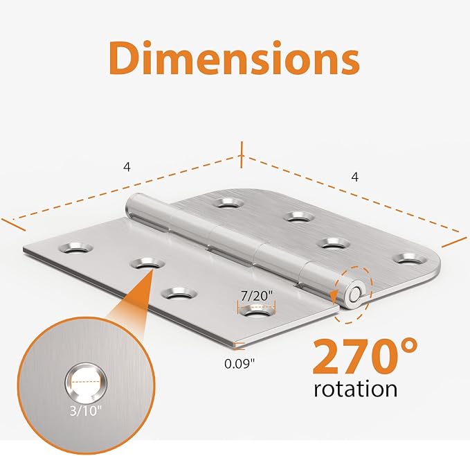 24 Pack Brushed Nickel Door Hinges, 4 Inch Heavy Duty Hinges with 5/8" Radius & Square Corners, Satin Finish, Removable Pin, Quiet for Interior & Exterior Doors