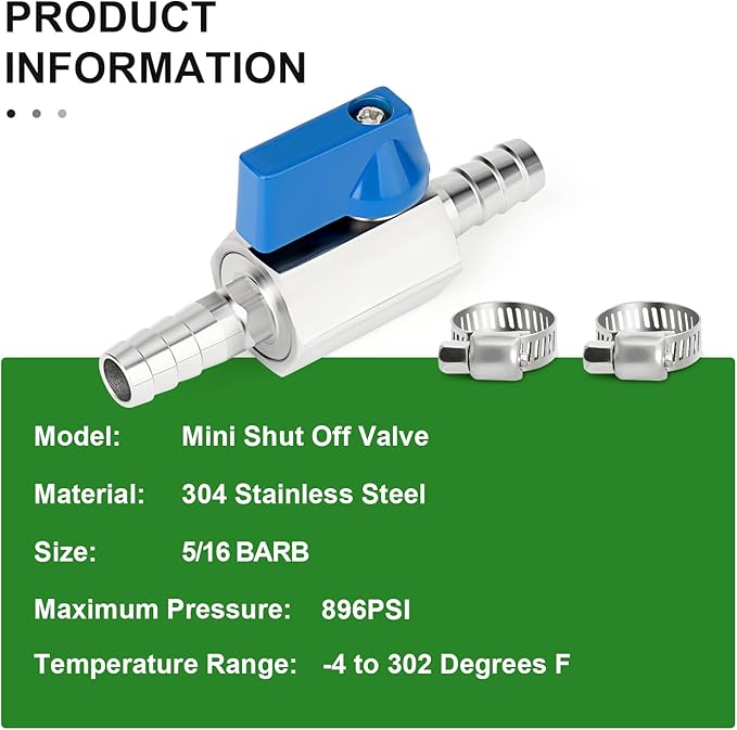 TAISHER 1PCS 304 Stainless Steel 5/16" Mini Ball Valve Shut Off Switch, 5/16” Hose Barb with 2PCS Hose Clamps