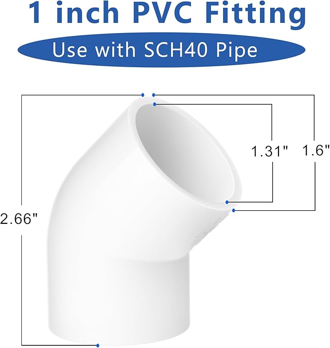 ZhiYo PVC Fitting Elbow 1 Inch 45 Degree 6-Pack, PVC Pipe Fitting Connector for Building Furniture, DIY Elbow Fitting for Pipe Connections, Pool Products, Greenhouse, Shed and Tent Connection