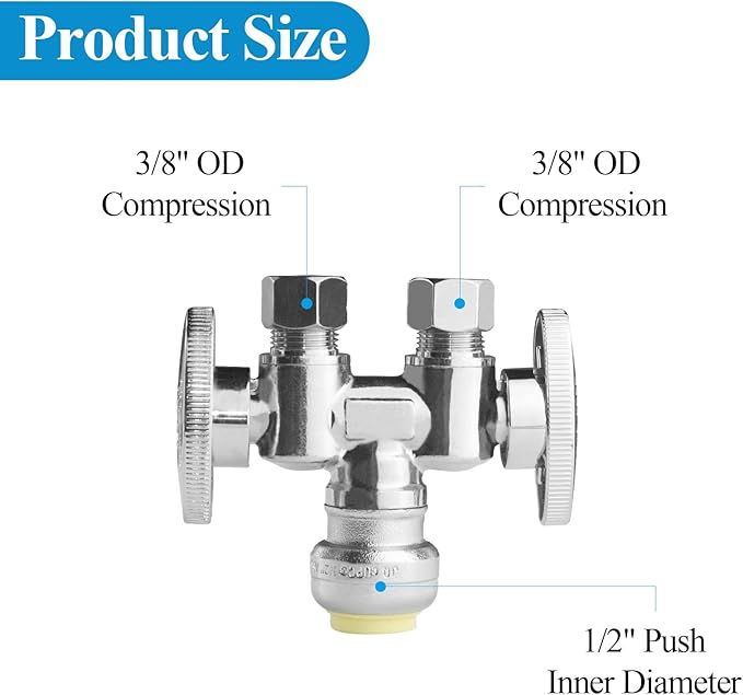 WiseWater 1/2" Push Fit x Dual 3/8" OD Compression Straight Stop Valve, 1/4 Turn Double Handles Shut Off Valve with Disconnect Clip, Chrome Plated Brass, Copper, PEX, CPVC, PE-RT Pipes (1 Pack)