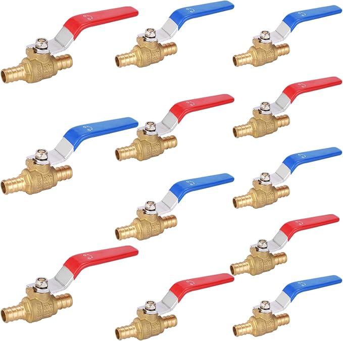12-PCs HeSun 3/4 Inch PEX Ball Valves, 1/4 Turn Full Port Shut-off, Brass Crimp Pex Valve for Hot and Cold Water, ASTM F1807,Blue & Red(VALVE013-12)
