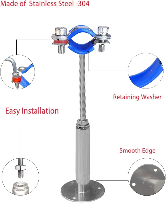 Wall Mount Ceiling Mount Pipe Supports,Adjustable Pipe Clamps、Hangers、 Stainless Steel 304,2PCS Suitable for Pipe OD 25-27mm Adjustable Height 100-200mm