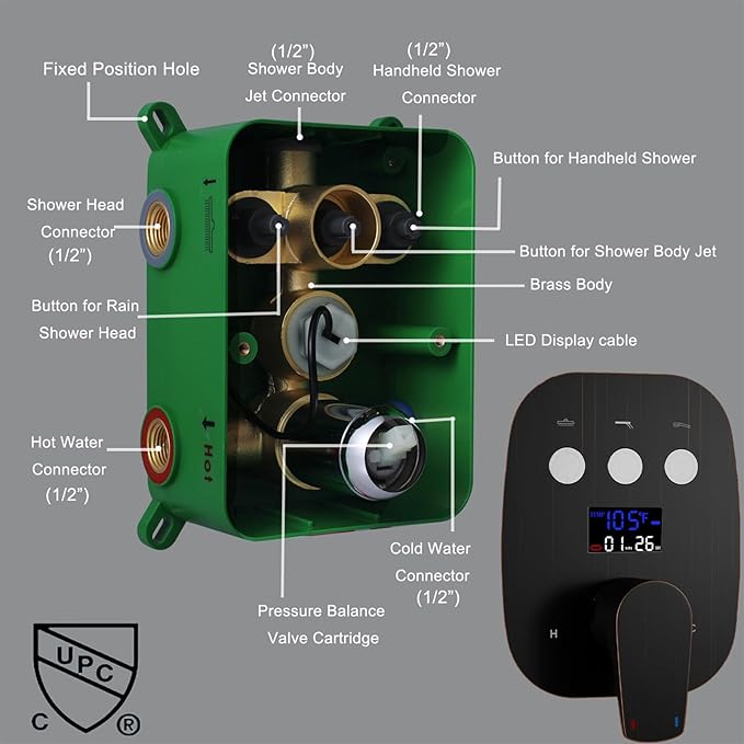 Solid Brass 3 Way Temperature Display Shower Diverter Valve Oil Rubbed Bronze Shower Mixer Valve with Flow and Temperature Control Shower Handle Mixer Rough-In Valve and Trim Kit Replacement