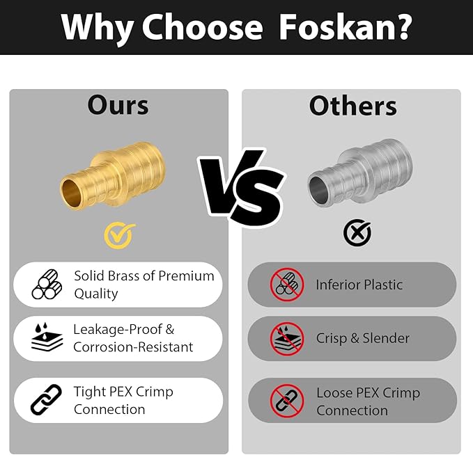 20-Pack Foskan 1" x 3/4" PEX Straight Reducing Coupling,Brass Crimp Fittings for PEX Tubing Pipe