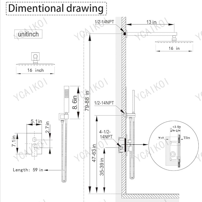 Shower Faucet Set 16 Inch Wall Mount Rain Shower System, All Metal Shower Fixtures - Polished Chrome