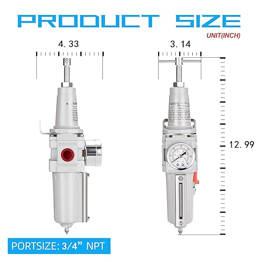 NANPU 3/4" NPT High Pressure Air Filter/Regulator Combo, T-Handle, Semi-Auto Drain, 0-300 Gauge, Metal Bowl