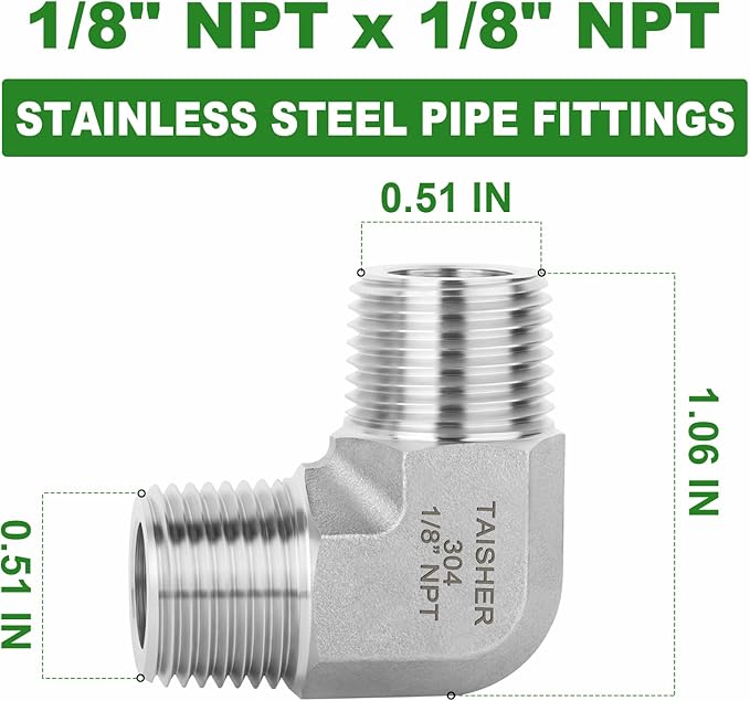 TAISHER 5PCS 304 Stainless Steel 90 Degree Barstock Street Elbow, 1/8" NPT Male Pipe to 1/8" NPT Male 304 Stainless Pipe Fitting