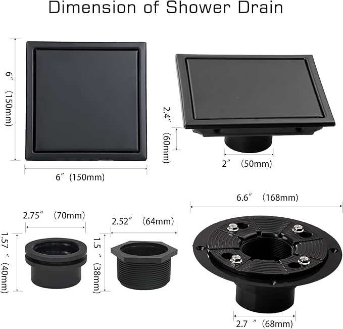 Square Shower Drain, Black Shower Drain 6 inch with Flange and 2 in 1 Tile-Insert Cover, AISI 304 Stainless Steel Matte Black Shower Floor Drain with Hair Catcher and Flange