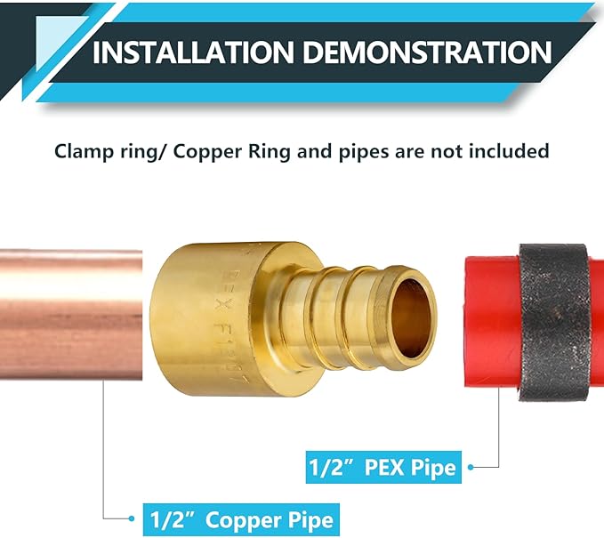 (100-Pack) PEX Fittings, Pex 1/2"x1/2" Female Sweat Copper Adapter, Brass Crimp Fittings, PEX Tubing Pipe Plumbing, ASTM F1807(PEX1807127-100Pack)