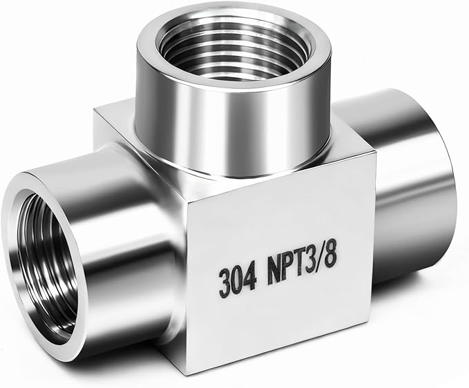 3/8 NPT tee 3 way female pipe fitting, stainless steel 304 T forged pipe connector female hose adapter for brewing project/fuel line, 4350 psi