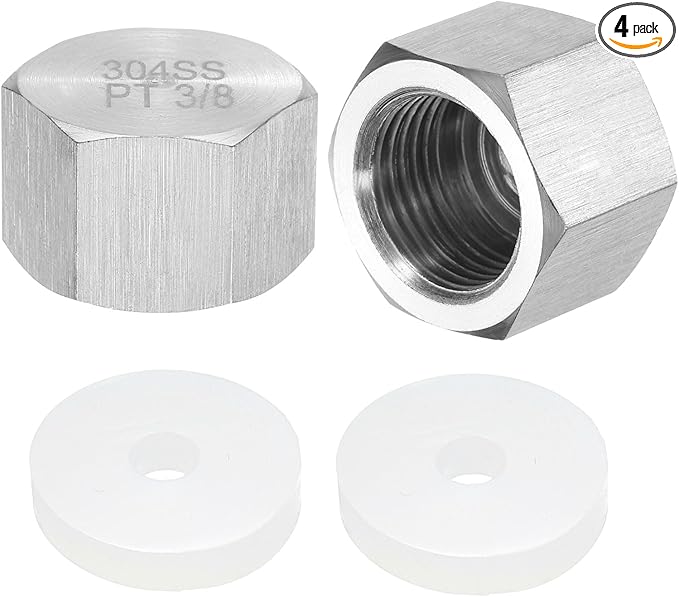 uxcell 4pcs Hex End Cap 304 Stainless Steel Nut with Washer, PT 3/8" Female Thread Pipe Fitting, Gas Line Water Line Stop Valve Cap Tubing Ends for Plumbing Fittings, Silver Tone