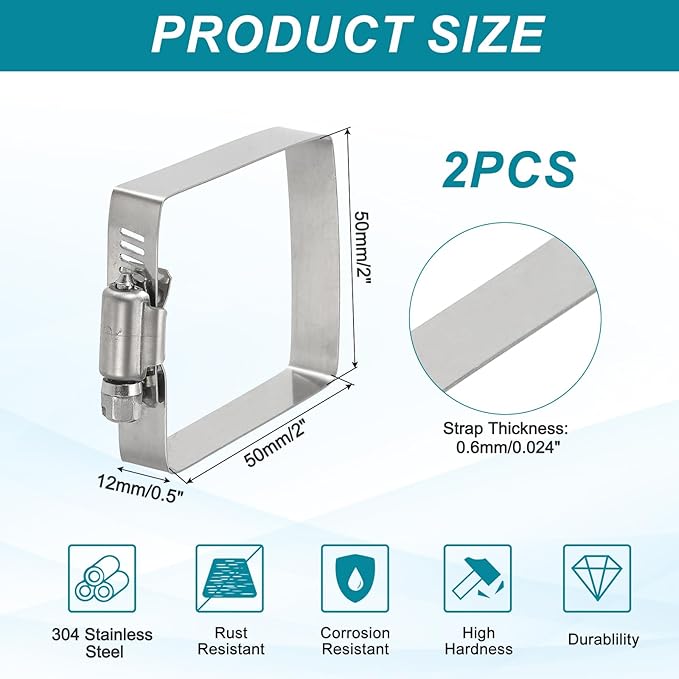 uxcell 2Pcs 304 Stainless Steel Rectangular Hose Clamp, Adjustable 2 x 2 Inch Square Worm Gear Duct Pipe Tube Clamps for Ducting Bracket Cable Tray Bridge Project Systems, Silver