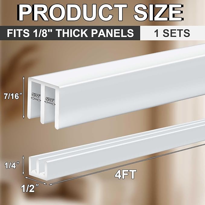 Landical 1 Set 4 Ft Long Metal Sliding Door Track Set for 1/8" Thick Panels Glass Cabinet Door Hardware System Window Sliding Track Quick Easy Installation (White)