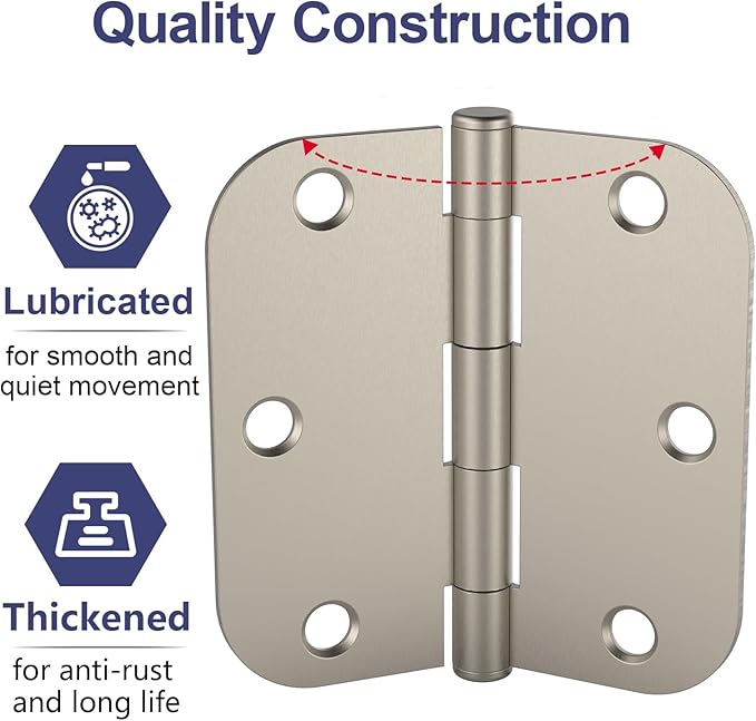 18 Pack Rounded Satin Nickel Door Hinges, 3.5 x 3.5 Inch Hinges with 5/8" Radius Corners, Durable and No Squeak Hinges, for Home Interior, Exterior Doors and Commercial Use