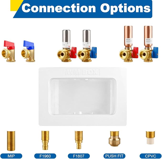 Washing Machine Outlet Box with Center Drain, 1/2" Sweat MIP Inlet x 3/4" MHT Outlet Connection with Hot and Cold 1/4-turn Shut-off Ball Valve and Stainless Steel Water Hammer Arrestor