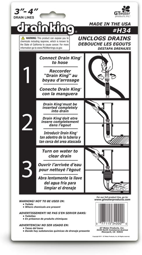 Drain King H34 Unclogs Sewer Lines, Main, and Outside Deck Drains, 3 To 4 Inch